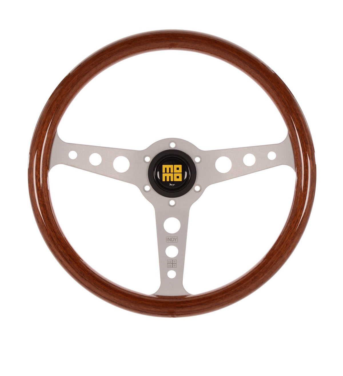 Momo Indy Heritage Steering Wheel - Mahogany Wood/Silver Spoke 350mm Diameter-Steering Wheels-Momo-[By Purdue Performance]